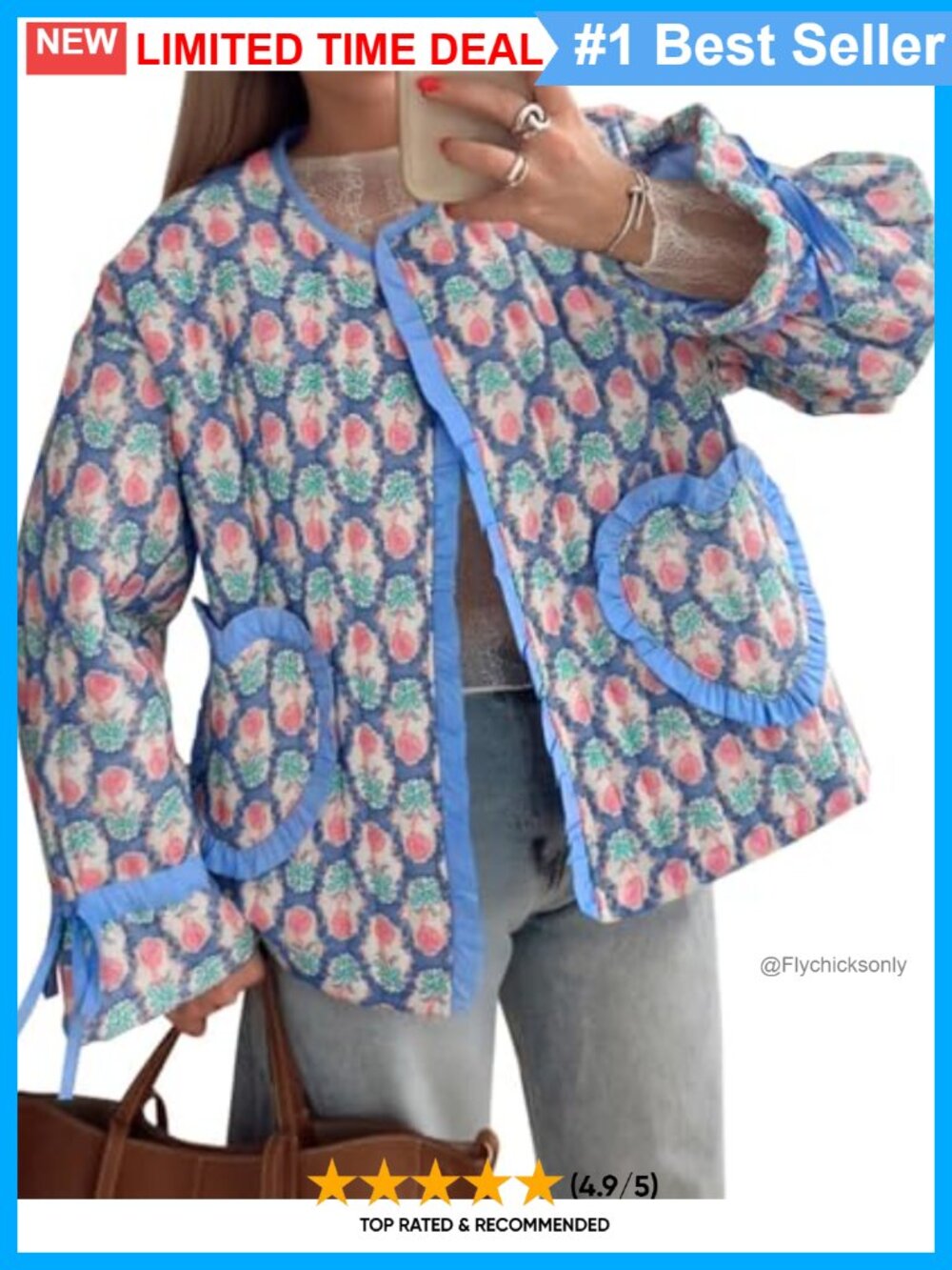 Cropped Floral Quilted Jacket Open Front Heart Coat